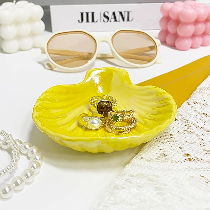 Shell Trinket Dish, Ceramic Jewelry Dish Trinket Tray, Cute Jewelry Organizer Plate for Jewelry, Earring Seashell Jewelry Ring Holder, 3.9", Bright Yellow Iridescent Surface