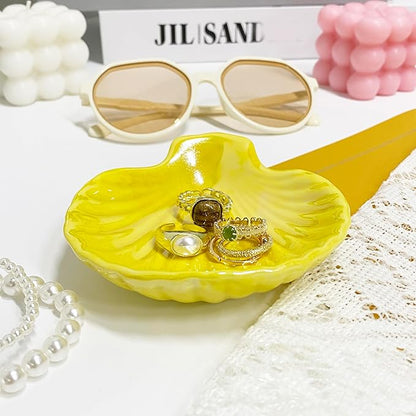 Shell Trinket Dish, Ceramic Jewelry Dish Trinket Tray, Cute Jewelry Organizer Plate for Jewelry, Earring Seashell Jewelry Ring Holder, 3.9", Bright Yellow Iridescent Surface