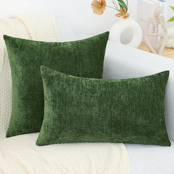 decorUhome Chenille Moss Green Spring Throw Pillow Covers 20x20 Inch Set of 2, Decorative Soft Couch Pillow Covers Solid Dyed Accent Farmhouse Neutral Square Pillow Cases for Sofa