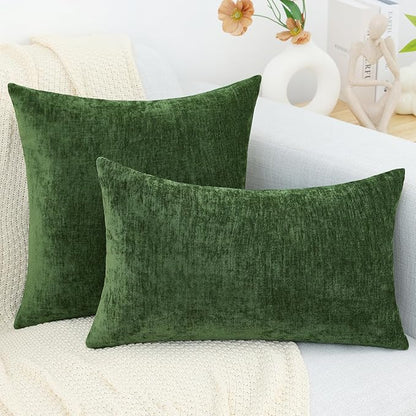 decorUhome Chenille Moss Green Spring Throw Pillow Covers 16x16 Inch Set of 2, Decorative Soft Couch Pillow Covers Solid Dyed Accent Farmhouse Neutral Square Pillow Cases for Sofa