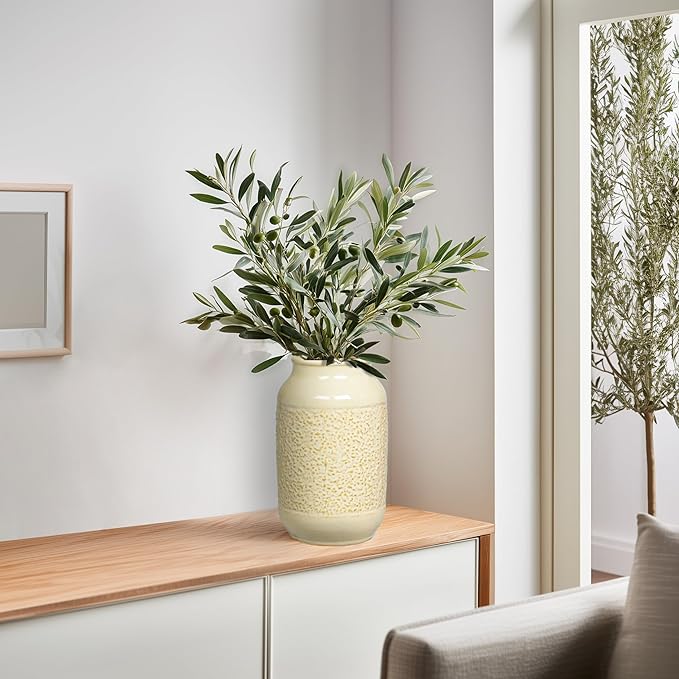 Beige Ceramic Vase for Flowers - 9 inch Textured Cream Vase for Pampas Grass, Modern Farmhouse Vases for Home Decor, Table Centerpiece, Shelf, and Mantle Decor