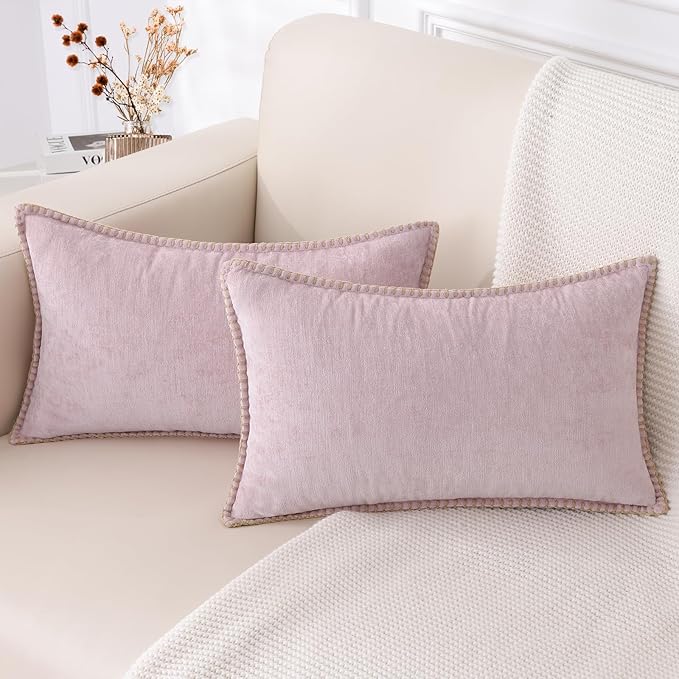 decorUhome Spring Chenille Soft Throw Pillow Covers 12x20 Set of 2, Lumbar Velvet Farmhouse Neutral Decorative Pillow Covers with Stitched Edge for Couch Sofa Bed Home Decor, Blush Pink
