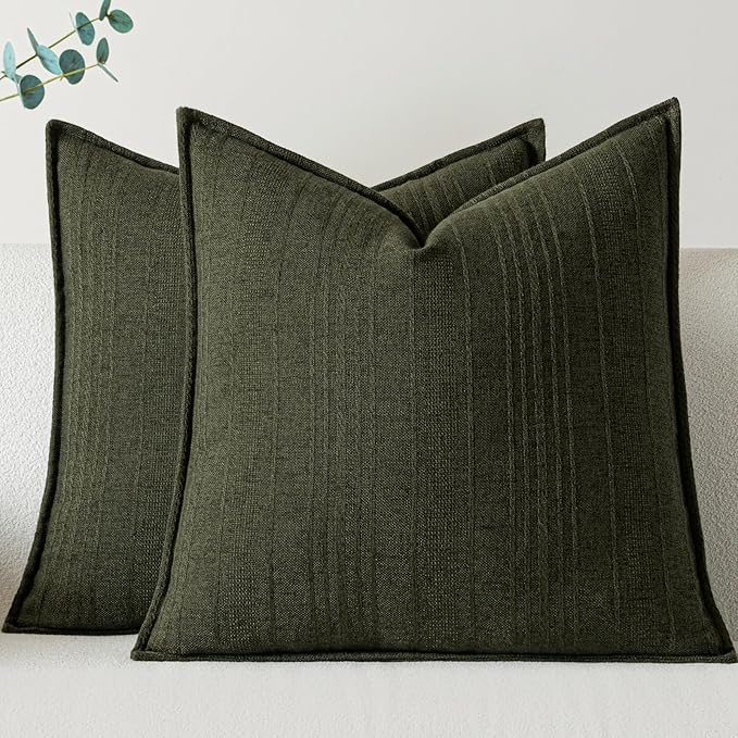 a moment Linen Pillow Covers Set of 2,Boho Farmhouse Throw Pillowcases Neutral Textured Decorative Covers for Couch Sofa,Linen Blend Accent Case Cushion Living Room Home Decor 20"x20"Dark Green