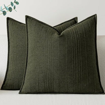 a moment Linen Pillow Covers Set of 2,Boho Farmhouse Throw Pillowcases Neutral Textured Decorative Covers for Couch Sofa,Linen Blend Accent Case Cushion Living Room Home Decor 24"x24"Dark Green