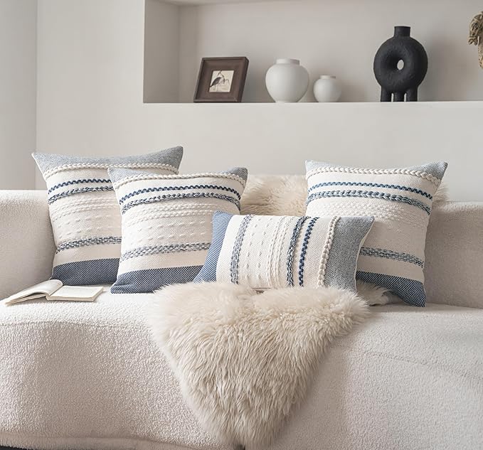 Boho Throw Pillow Covers 12x20 Inch Set of 2, Navy Blue Textured Decorative Couch Pillow Cases for Farmhouse Home Decor, Accent Cushion Cover for Sofa, Bed, Living Room, Bedroom