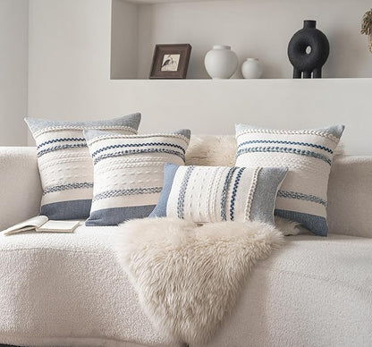 Boho Throw Pillow Covers 18x18 Inch Set of 2, Navy Blue Textured Decorative Couch Pillow Cases for Farmhouse Home Decor, Accent Cushion Cover for Sofa, Bed, Living Room, Bedroom