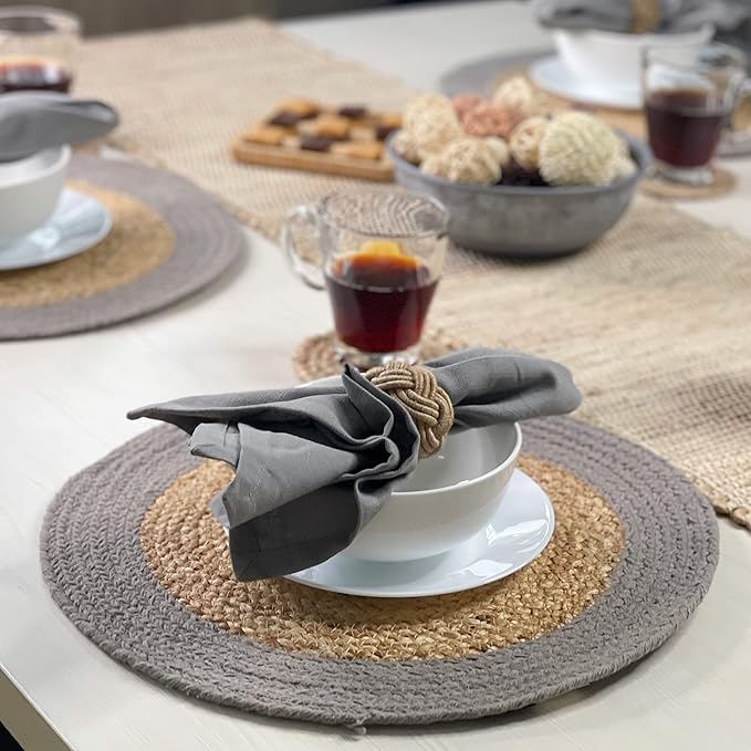 Chardin home Round Verona Woven Jute & Cotton Braided PLACEMAT (Set of 4), Size -15” Round, Color - Natural Jute with Grey Border