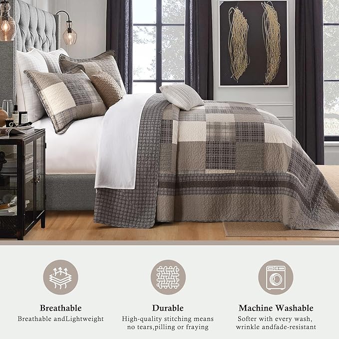 Farmhouse Bedspread King Size 120"x120" - 100% Cotton Lightweight Oversized King Quilt with 2 Pillowshams, Cottage Plaid King Quilted Bedding Bed Spreads Coverlet, Brown/Beige/Khaki