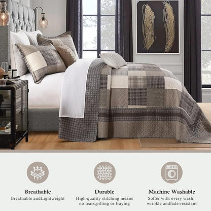 Farmhouse Bedspread King Size 120"x120" - 100% Cotton Lightweight Oversized King Quilt with 2 Pillowshams, Cottage Plaid King Quilted Bedding Bed Spreads Coverlet, Brown/Beige/Khaki