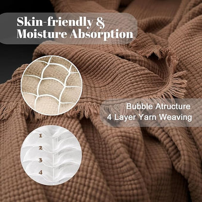 MorroMorn 100% Cotton Muslin Blanket with Fringes Twin Size 60"x80", 4-Layer Gauze Blankets for Adults, Boho Bedding Breathable Lightweight Ultra-Soft for Couch Bed All Seasons, Brown