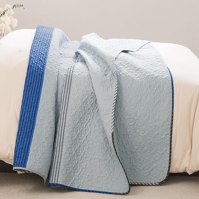 Litanika California King Quilt Set Blue and Grey - Cal King Oversized Stripe Comforter Bedspreads & Coverlets - Soft Lightweight Quilted Bedding Set for All Season(1 Quilt, 2 Pillowcases)