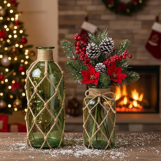 Chuangdi Set of 2 Coastal Glass Vases Christmas Vases for Flowers with Boho Rope Christmas Centerpieces for Tables Small Beach Bottle for Nautical Wedding Floral Arrangement Decorations(Green)