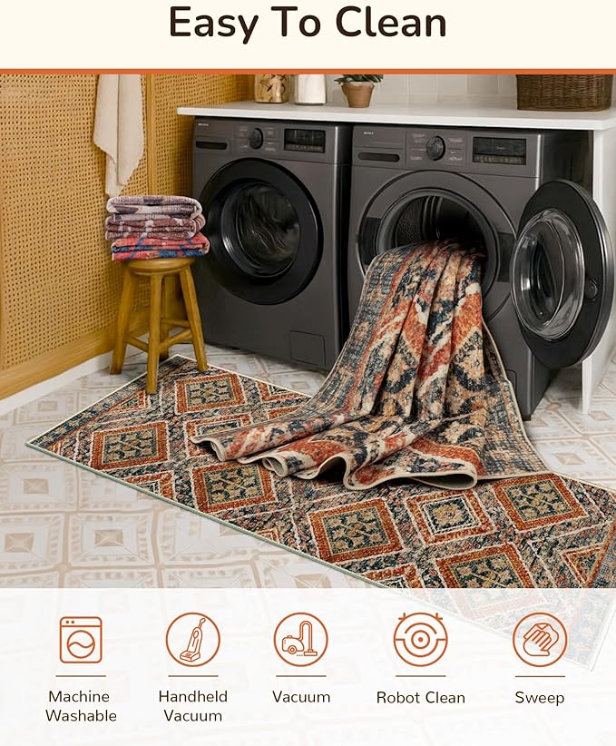 Area Rug 9x12 Rug Machine Washable Non-Slip Low Pile Print Pattern Fall Western Rug for Living Room Bedroom Entryway Tribal Series -Orange/Brown