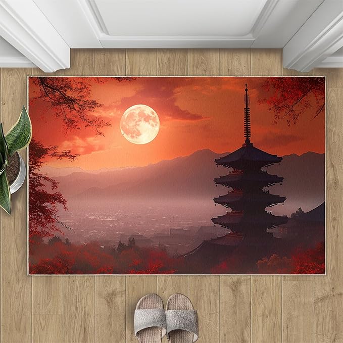 Japanese Style Area Rug 5x6 Washable Rug Red Maple Leaves Rugs for Living Room Sunset Scene Non Slip Carpet Floral Print Mat Bedroom Bathroom