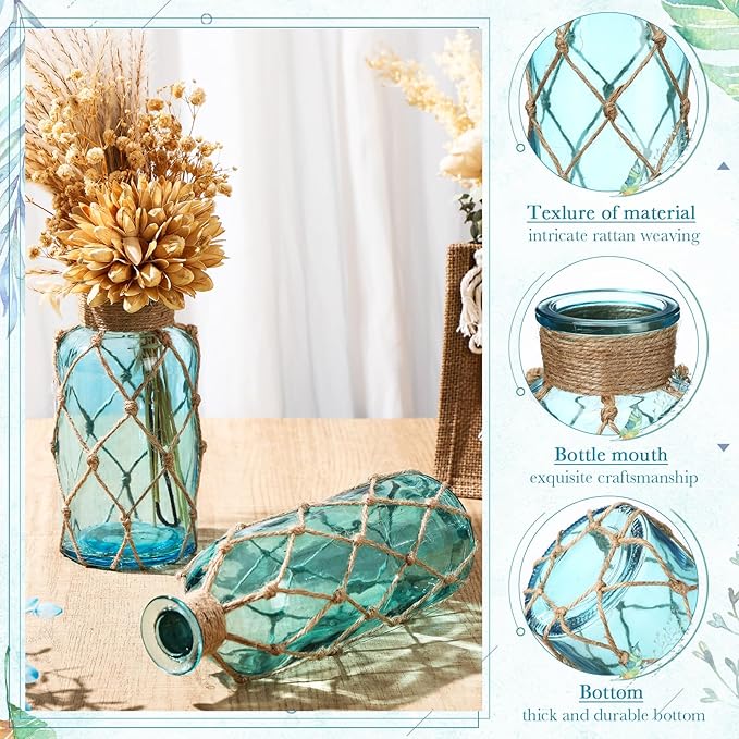 Chuangdi Set of 2 Coastal Glass Vases Christmas Vases for Flowers with Boho Rope Christmas Centerpieces for Tables Small Beach Bottle for Nautical Wedding Floral Arrangement Decorations(Light Blue)