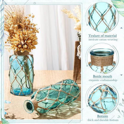 Chuangdi Set of 2 Coastal Glass Vases Christmas Vases for Flowers with Boho Rope Christmas Centerpieces for Tables Small Beach Bottle for Nautical Wedding Floral Arrangement Decorations(Light Blue)