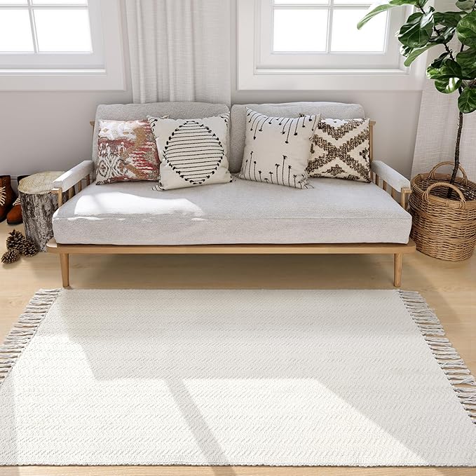 Lahome Boho Rugs for Entryways, 3x5 Kitchen Rug Lightweight Bedroom Rugs Washable Bath Mat with Tassels, Farmhouse Cotton Beige Living Room Low Pile Throw Rug for Laundry Office Decor