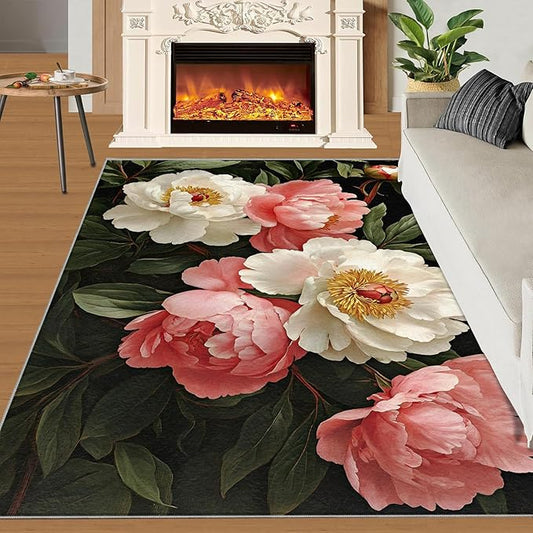 Rustic Flowers Washable Area Rug 6x9, Peony Soft Rugs for Living Room Petals Carpet Area Rugs for Bedroom Dining Room Non-Slip Stain Resistant Rug