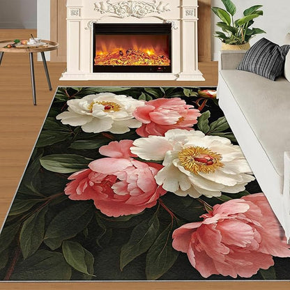Rustic Flowers Washable Area Rug 5x8, Peony Soft Rugs for Living Room Petals Carpet Area Rugs for Bedroom Dining Room Non-Slip Stain Resistant Rug