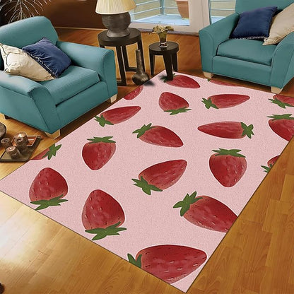 Strawberry Pink Fruit Area Rug, Cute Girl Non Slip Noise Reduction Kids Rugs, Machine Washable Durable Carpet for Indoor Bedroom Living Room Office Decor Rug - 5 ft x 8 ft