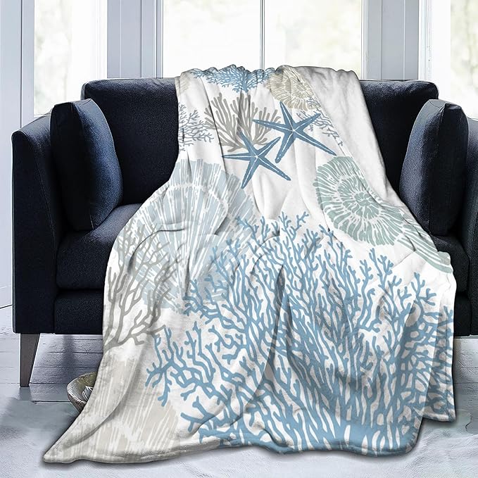 Nautical Coastal Blanket Starfish Seashell Coral Beach Themed Throw Blankets Gifts for Adults Sea Ocean Theme Lightweight Soft Fleece Cozy for Sofa Couch Bed Room Birthday Decor 50x60in
