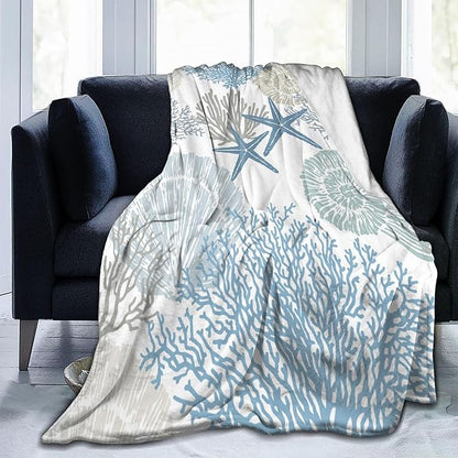 Nautical Coastal Blanket Starfish Seashell Coral Beach Themed Throw Blankets Gifts for Adults Sea Ocean Theme Lightweight Soft Fleece Cozy for Sofa Couch Bed Room Birthday Decor 60x80in