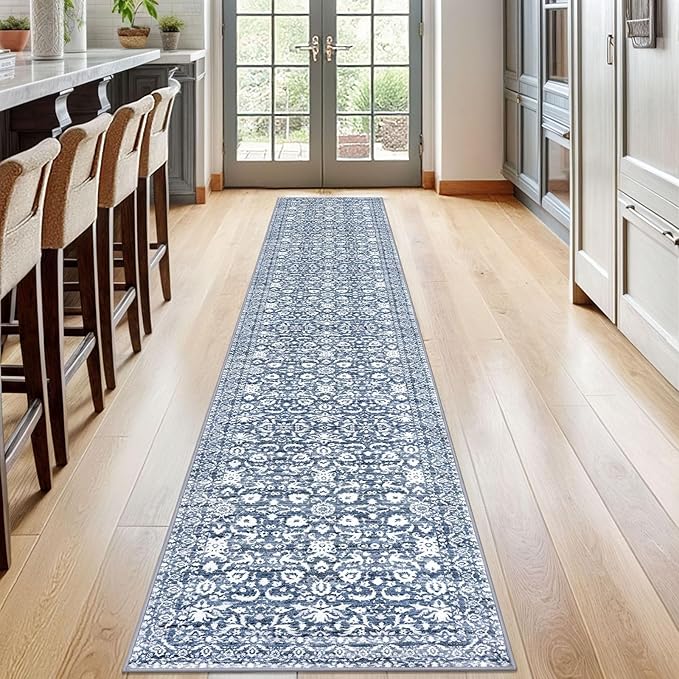Vintage Runner Rug 2x12, Light Blue White Washable Long Kitchen Runner Non-Slip Floral Soft Hallway Rug Runner Thin Print Faux Wool Carpet for Entryway Bedroom Laundry Room Indoor Home Decor