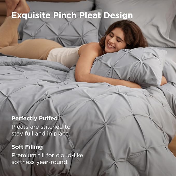 Bedsure Queen Comforter Set Grey - Bed in a Bag Queen Size Bedding 7 Pieces, GentleSoft™ Pintuck Bed Set Gift for Family, Pinch Pleat All Season Comforter with Sheets, Pillowcases & Shams