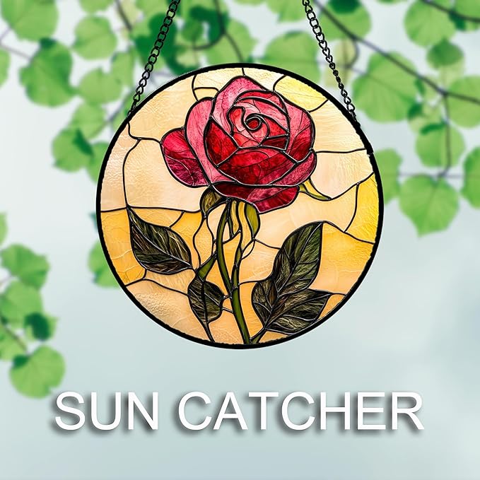 Stained Glass Window Hanging 4 Pcs Set Lily Rose Sunflower Poppy Large 11.8" - Flower Suncatcher Door Garden Sun Catcher Decor Birthday Mother's Day for Wife Woman Nana Girl