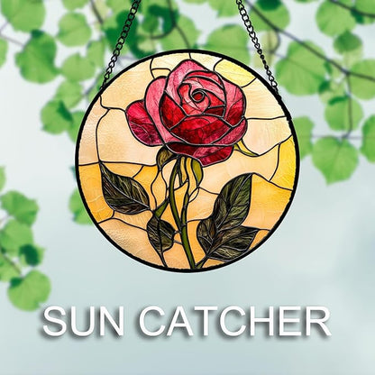 Stained Glass Window Hanging 4 Pcs Set Lily Rose Sunflower Poppy 6.3" - Flower Suncatcher Door Garden Sun Catcher Decor Birthday Mother's Day for Wife Woman Nana Girl