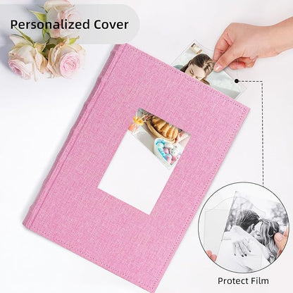 Vienrose Photo Album 4x6 300 Photos Linen Frame Cover with Memo Areas Photobook Large Capacity Slip-in Pictures Book for Wedding Baby Vacation, Pink