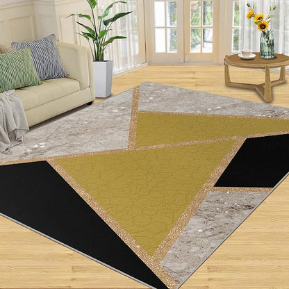 Geometric Marble Area Rugs for Living Room Black Gold Marble Rug Triangular Geometric Carpet Modern Minimalist Door Mat for Bedroom Hardwood Floors 7x8ft