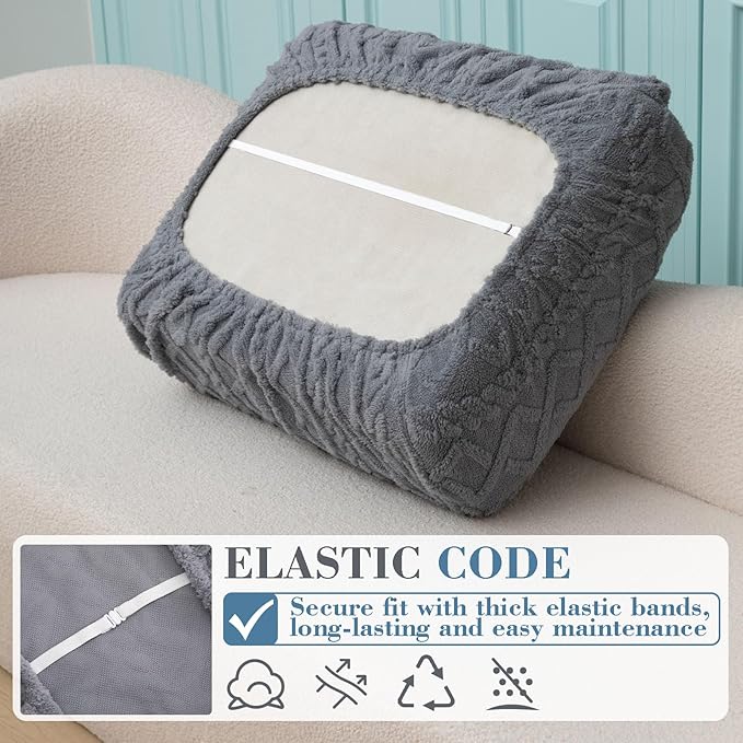 3 Pcs Jacquard Couch Cushion Covers for Sofa Stretch Plush Soft Seat Cover Washable Sofa Slip Covers with Elastic Bottom Modern Boho Furniture Protector for Sectional Slipcovers(Light Gray)