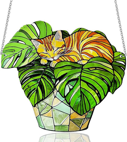 Cat Stained Glass Suncatcher Window, Cat Sun Catchers Indoor Window, Suncatcher for Mom/Women (Orange)