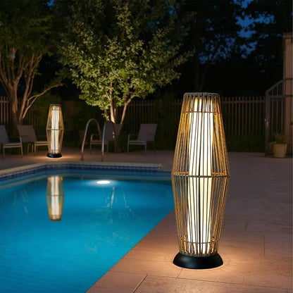 TRIROCKS Outdoor Floor Lamp 2 Piece Solar Powered Lantern Wicker Solar Patio Lamp with Olifen Rope Waterproof Rattan Outside Solar Deck Light for Patio Garden Lawn Yard (Grey)