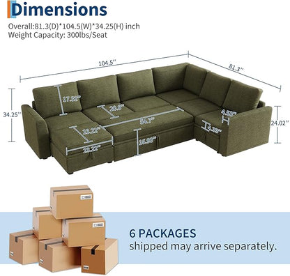 GarveeHome Sectional Sleeper Sofa with Pull Out Bed, Corduroy Modular Sectional Sofa U Shaped 7 Seat Couch with Pull Out Couch and Storage Seat & Ottoman, Convertible Couches for Living Room