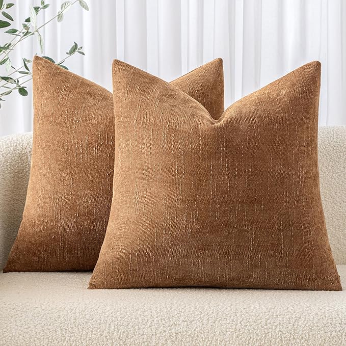 MIULEE Pack of 2 Decorative Throw Pillow Covers Soft Chenille Throw Pillows Solid Textured Euro Cushion Covers for Couch Sofa Bedroom Living Room 24x24 Inch, Brown