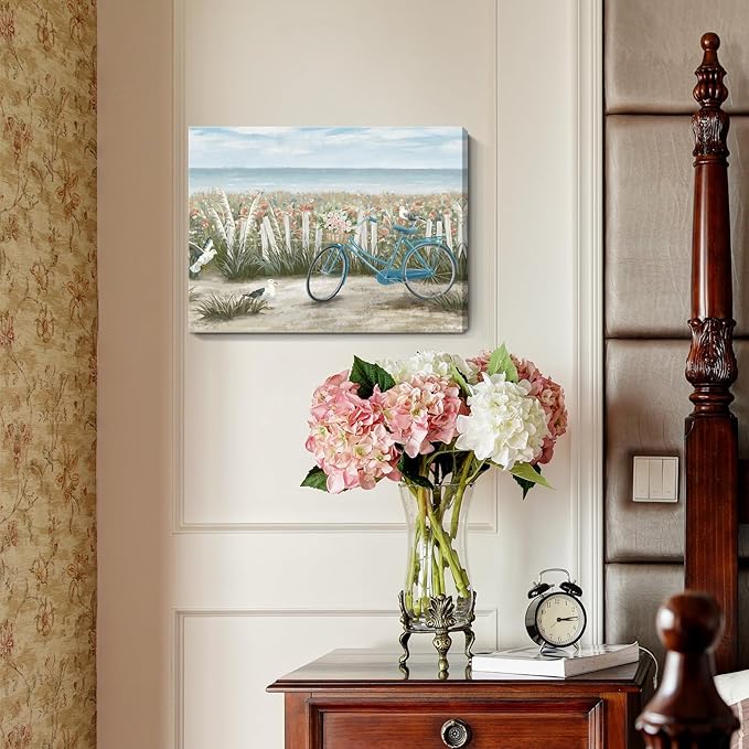 Bathroom Wall Art Farmhouse Boho Ocean Beach Coastal Vintage Floral Canvas Print Seaside Blue Bicycle Seagull Seascape Painting Seashore Botanical Wildflower Field Daisy Flowers Artwork 12x16inch