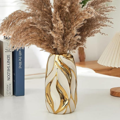 Cream White Ceramic Vase for Flowers, Gold Flower Vase Modern Home Decor, Small Ceramic Vase for Pampas Grass Decorative Vase, for Farmhouse Coffee Table Bookshelf (Large)