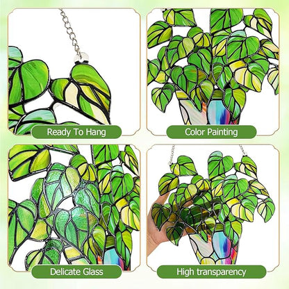 Stained Glass Plant Suncatcher Window Hanging, Marzovitra 10 Inch Real Glass Potted Green Leaves Sun Catcher with Chain Botanical Sun Catcher Window Decor for Home Garden, Plant Lover Gift