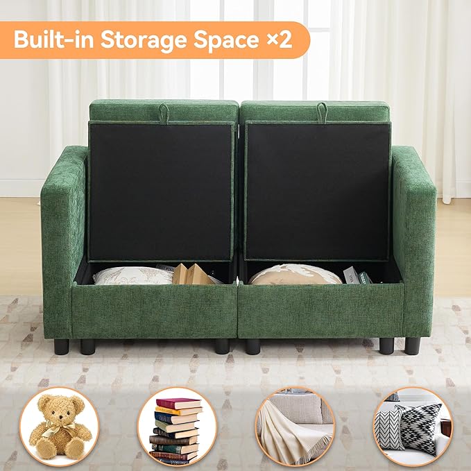 58”Modular Sectional Loveseat Sofa, Modern Love Seat 2 Seater Sofa Couch with Storage, Chenille Modular Sectional Couch for Living Room, Bedroom, Office, Small Apartment, Dark Green