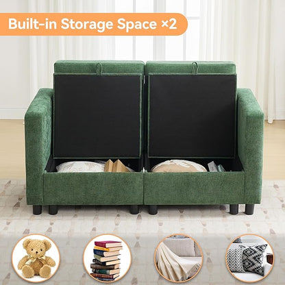 58”Modular Sectional Loveseat Sofa, Modern Love Seat 2 Seater Sofa Couch with Storage, Chenille Modular Sectional Couch for Living Room, Bedroom, Office, Small Apartment, Dark Green