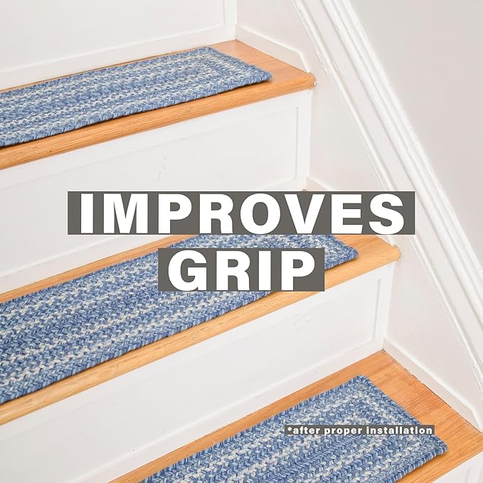 Homespice Denim Jute Braided Stair Treads for Wooden Steps, Country Coastal Decor, Set of 13, Blue 8x28 Rectangle Rugs for Stairs - Easy to Clean, Tightly Stitched and Durable