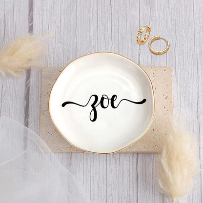 JoycuFF Zoe Personalized Name Ceramic Jewelry Tray, Mothers Day Christmas Anniversary Engagement Birthday Gifts for Women Couples, Trinket Dish for Rings Earrings Necklaces Bracelets Keys