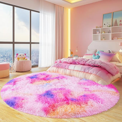 Round Fluffy Rugs 3Ft for Girls Bedroom, Dark Rainbow Shag Circle Kids Rug Non-Slip for Bedside Dorm Nursery Playroom, Soft Cute Area Rugs for Living Room Decor