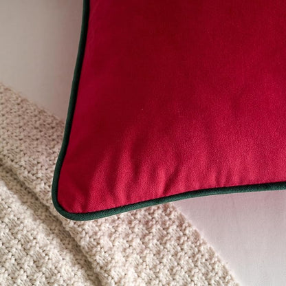 LIGICKY Set of 2 Christmas Red Velvet Throw Pillow Covers Modern Minimalist Style Solid Decorative Dark Green Rope Edging Soft Square Cushion Cases for Sofa Bedroom Party Décor, 20 x 20 inch