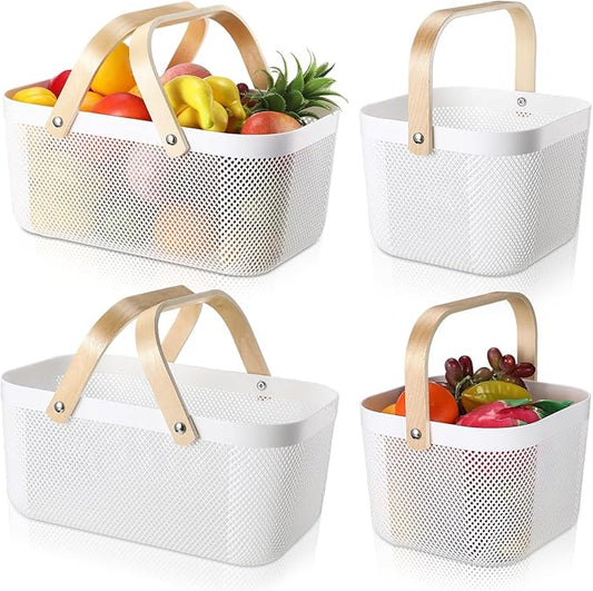 Sadnyy 4 Pcs Plastic Mesh Garden Harvest Basket Storage Basket with Wooden Handle Multi Functional Mesh Bin for Kitchen Cabinet Picnic Fruit Vegetable Gathering Organizer(Large, Small,White)