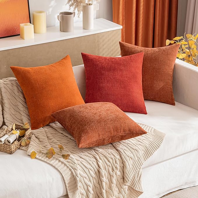 MIULEE Pack of 2 Decorative Throw Pillow Covers Soft Chenille Throw Pillows Solid Textured Cushion Covers for Couch Sofa Bedroom Living Room 18x18 Inch, Dark Rust