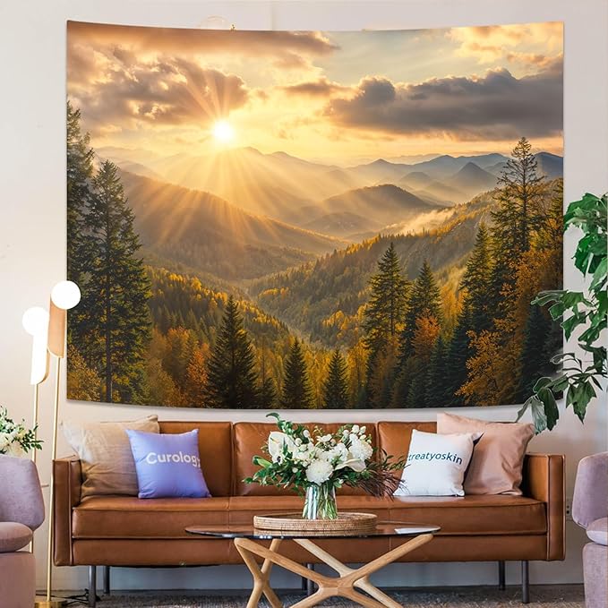 kampdream Landscape Tapestry, Scenery Art Wall Tapestries, Nature Wall Decor for Bedroom Living Room Backdrop Warm Sunset Mountain 36×48 inches