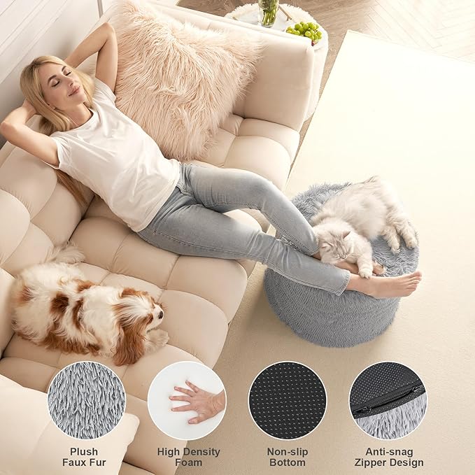 Hansleep Pouf Ottoman Foam Filled 20 x 15, Faux Fur Round Ottoman Foot Rest for Chair with Washable Cover, Foot Stools Under Desk for Living Room & Bedroom, Grey